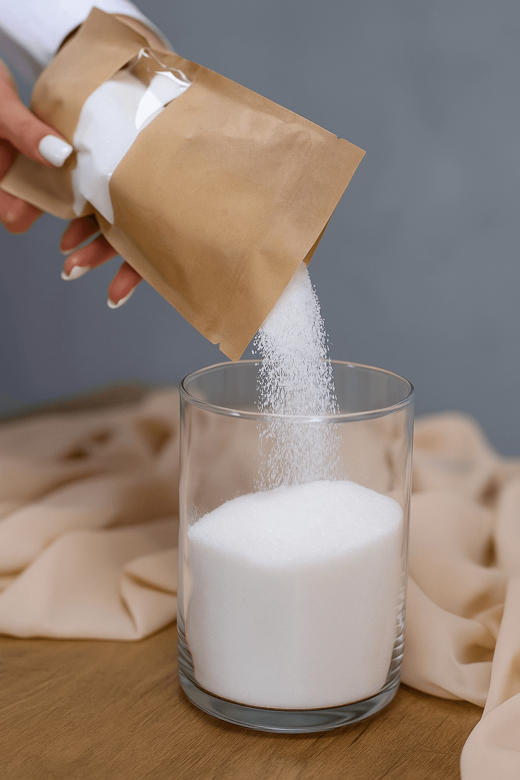 Perles de cire végétale blanches versées dans un verre pour fabriquer une bougie parfumée naturelle